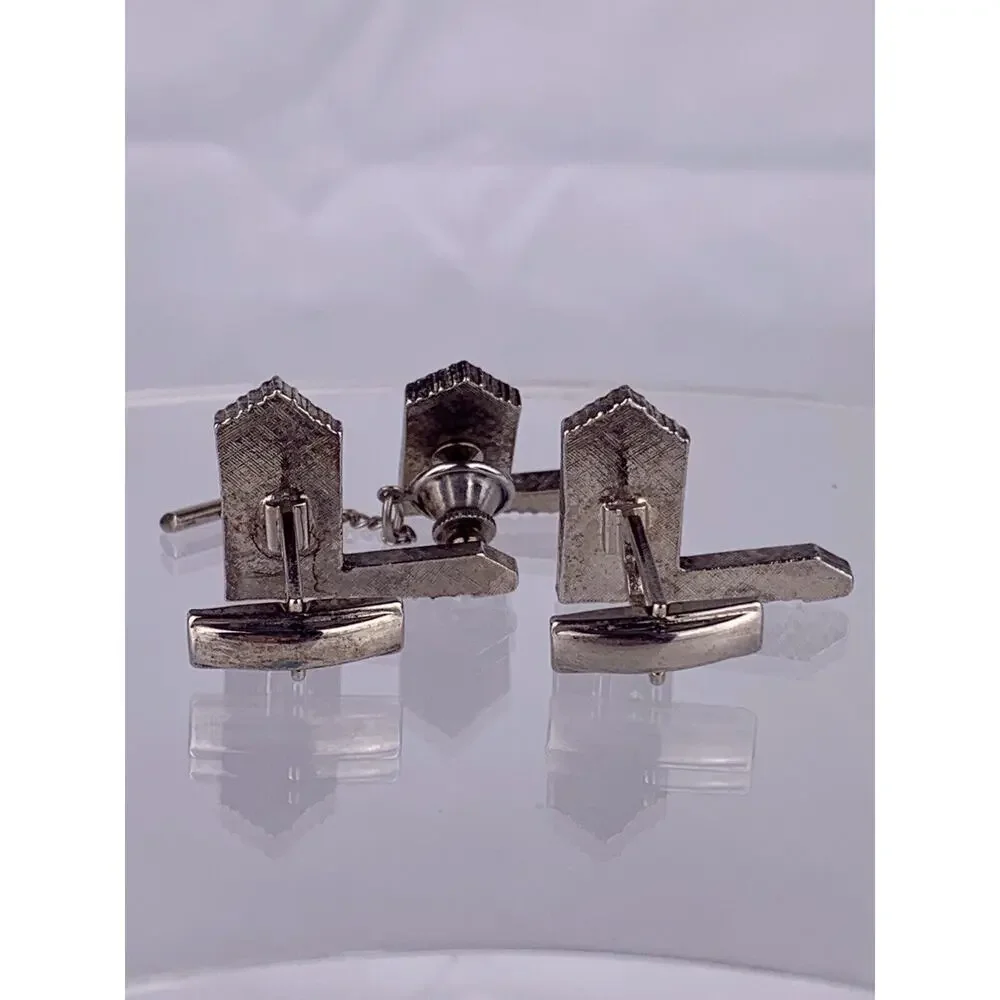 Architecture Office Building Silver Tone Cufflinks & Tie Pin Tower Vintage K1